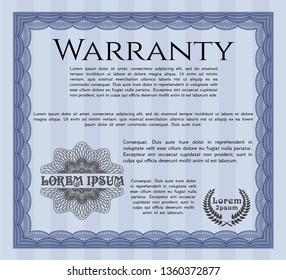 Blue Retro Warranty template. Money style design. With great quality guilloche pattern. Customizable, Easy to edit and change colors. 