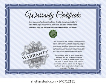 Blue Retro Warranty template. Perfect design. With guilloche pattern. Detailed. 