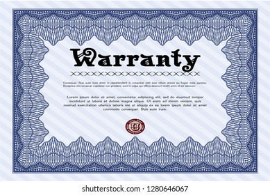 Blue Retro Warranty template. Vector illustration. With complex linear background. Money style design. 