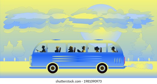 Blue retro-style bus with passengers on a yellow background. Use it for illustrations and design.