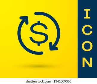 Blue Return of investment icon isolated on yellow background. Money convert icon. Refund sign. Dollar converter concept. Vector Illustration