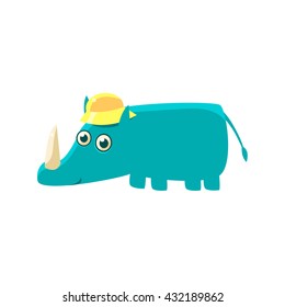 Blue Rhino In A Cap Illustration. Funny Childish Vector Rhinoceros Drawing. Flat Isolated Cartoon Animal Icon.