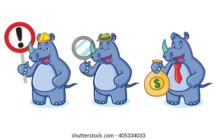 Blue Rhino Mascot Vector with money, sign and magnifying