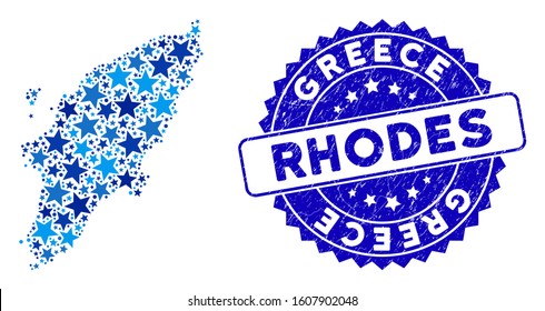 Blue Rhodes Island map composition of stars, and grunge rounded seal. Abstract territory plan in blue color tints. Vector Rhodes Island map is composed of blue stars.