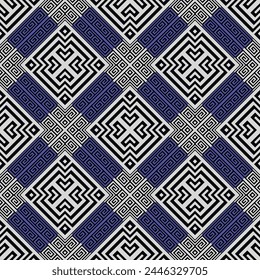 Blue rhombus elegant ornamental greek key meanders geometric traditional seamless pattern. Waffle ornament. Trendy patterned tribal ethnic style vector background. Fabric pattern, Endless texture.