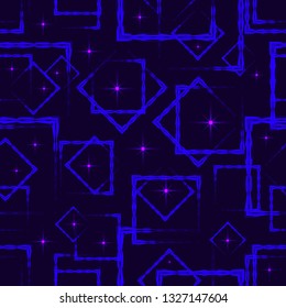 Blue rhombuses and squares in intersection with purple stars on a dark background. Bright abstract pattern of geometric carved and fancy shapes.