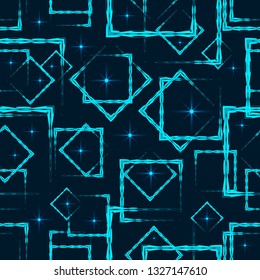 Blue rhombuses and squares at the intersection with stars on a dark background. Bright abstract pattern of geometric carved and fancy shapes.