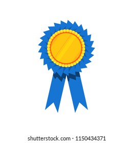 Blue Ribbon Award, Blank Golden Rosette. Prize For Winner. Decorative Flat Vector Element For Certificate Or Diploma