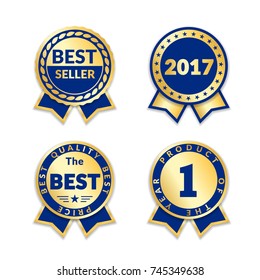 Blue Ribbon Awards Best Seller Of Year 2017 Set. Gold Ribbon Award Icons Isolated White Background. Best Product Golden Label For Prize, Badge, Medal, Guarantee Quality Product Vector Illustration