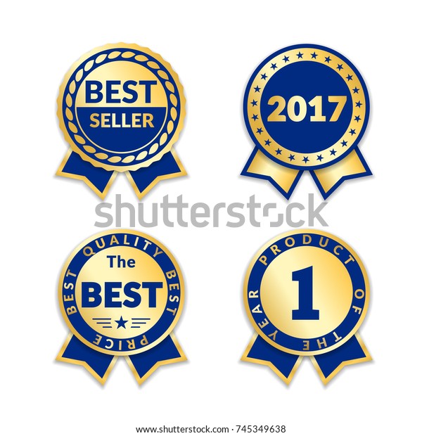 Blue ribbon awards best seller of year 2017\
set. Gold ribbon award icons isolated white background. Best\
product golden label for prize, badge, medal, guarantee quality\
product Vector\
illustration