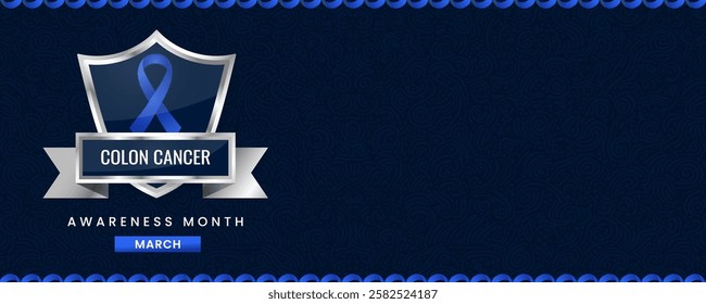 Blue ribbon awareness graphic for International Colon Cancer Awareness Month banner.