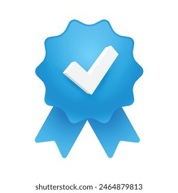 Blue Ribbon Badge With White Check Mark Signifying Achievement and Validation. Vector Illustration. 