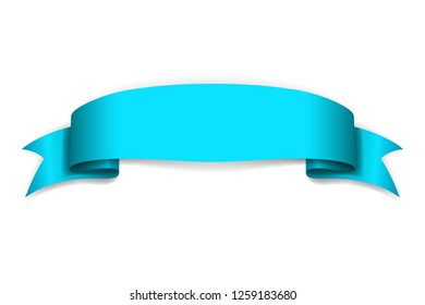 Blue ribbon banner. Golden satin glossy bow blank. Design label scroll ribbon element isolated on white background. Empty curl retro banner template greeting, decoration Vector illustration