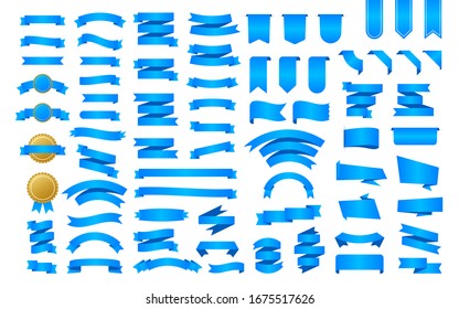 Blue Ribbon banner. Ribbons, great design for any purposes. Royal ribbon. Decoration element. Medal set. Discount banner promotion template. Discount sticker. Vector stock illustration.