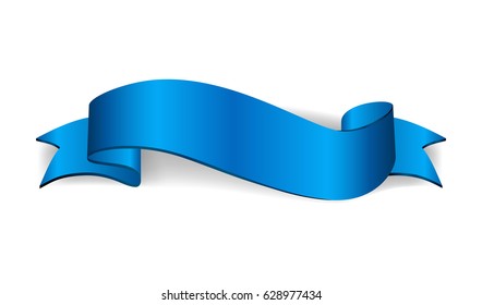 Blue ribbon banner. Satin glossy bow blank. Design label ribbon blank, isolated on white background. Empty banner template Vector illustration