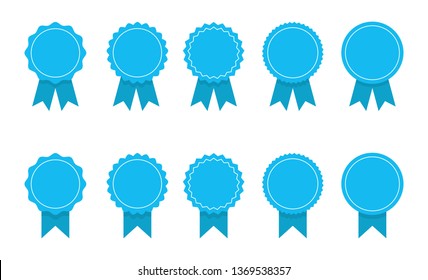 blue ribbon and banner. set of premium quality and guarantee labels isolated on white background. vector illustration