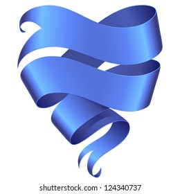 Blue ribbon banner in the shape of heart isolated on white background