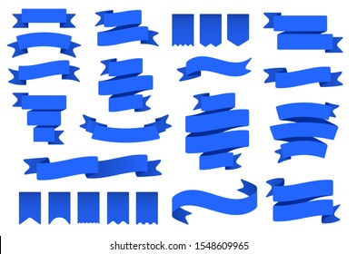 Blue ribbon banners and flags. Flag shape banner, decor tape and curved badge flat vector set. Collection of pennants, labels and streamers. Flaglike objects. Decorative elements, party attributes