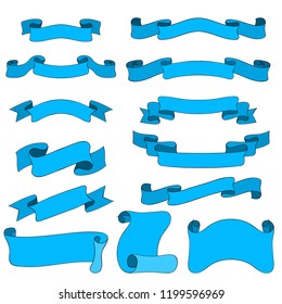 Blue ribbon banners. Hand drawn sketch. Vector illustration isolated on white background