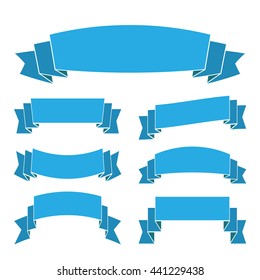 Blue ribbon banners set. Beautiful blank for decoration graphic. Old vintage style Flat design. Premium decorative elements isolated on white background. Template collection labels Vector illustration