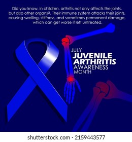 Blue Ribbon With Bones Affected By Arthritis With Bold Texts And Sentences On Dark Blue Ribbon, Juvenile Arthritis Awareness Month July