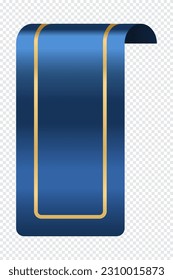 Blue ribbon bookmark tag. Realistic ribbon. Silk bookmark with blank place. Golden bookmark. Vertical bookmark. Vector illustration
