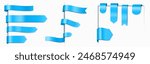 Blue ribbon bookmarks set isolated on transparent background. Vector realistic illustration of silk fabric tags, satin cloth page marks with abstract edges, sale or discount promo sign, decoration