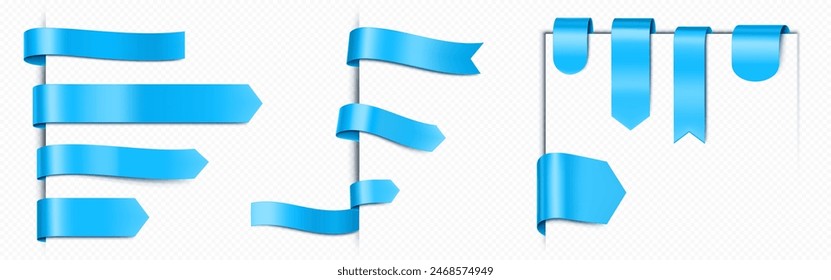 Blue ribbon bookmarks set isolated on transparent background. Vector realistic illustration of silk fabric tags, satin cloth page marks with abstract edges, sale or discount promo sign, decoration