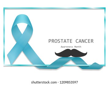 Blue ribbon with border and mustache vector, isolated on white background. Prostate cancer awareness symbol in november. Realistic blue ribbon. Vector illustration.