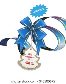 Blue ribbon and bow with a discount coupon in the form of a Christmas tree.   Christmas sale banner template