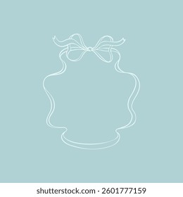 Blue ribbon bow frame. Vintage vector illustration. Hand drawn aesthetic vertical border. Christmas, Valentines day, birthday, menu, bachelorette party design line art element