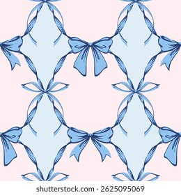 Blue Ribbon Bow Garland Seamless Pattern. Coquette, Vintage and feminine design with hand-drawn garland of bows. Rococo aesthetics for romantic background. Fabric prints, gift wrap