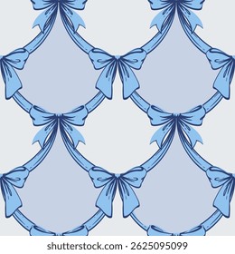 Blue Ribbon Bow Garland Seamless Pattern. Coquette, Vintage and feminine design with hand-drawn garland of bows. Rococo aesthetics for romantic background. Fabric prints, gift wrap