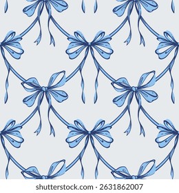 Blue Ribbon Bow Garland Seamless Pattern. Coquette, Vintage and feminine design with hand-drawn garland of bows. Rococo aesthetics for romantic background. Fabric prints, gift wrap