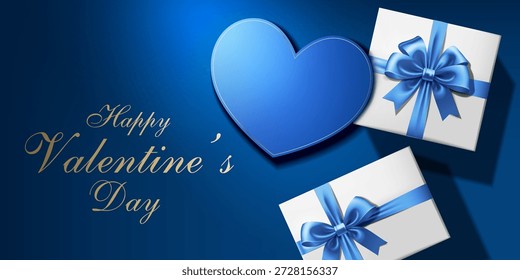 Cajas de regalo de lazo de cinta azul y capa de cartón en forma de corazón Fondo decorativo de vista superior. Feliz día de San Valentín Anuncio, póster, tarjeta de felicitación y encantadora Ilustración vectorial de fondo de celebración.