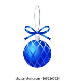 Blue ribbon bow blue grid pattern Christmas decoration ball, holiday pendant, hand drawn 3D vector illustration, birthday decorations.