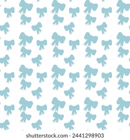 Blue ribbon bow icon seamless vector pattern. Line continuous drawing. Festive hand drawn illustration, holiday background. Wallpaper print, fabric, textile, wrapping paper, packaging, graphic design.