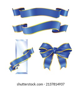 Blue Ribbon and bow knot with the gold line for Christmas, text label, greeting card design, decorative elements vector art, and illustration.