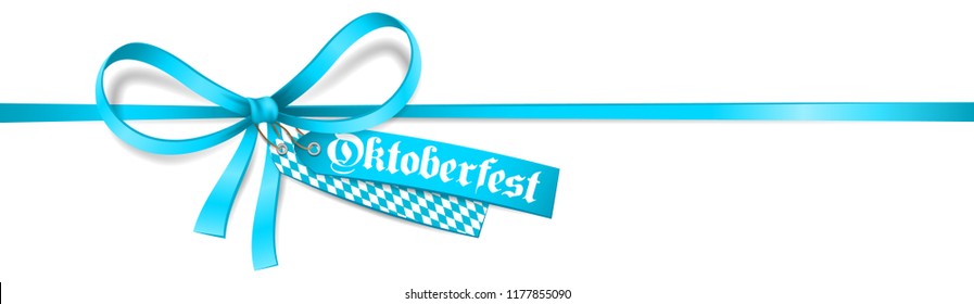 Blue ribbon bow with Oktoberfest label and bavarian flag. Isolated Oktoberfest card.