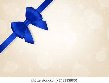 Blue Ribbon Bow on Golden Background for Christmas and New Year Event. Vector Illustration.