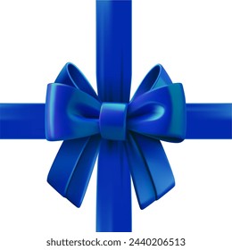 Blue ribbon with a bow on the top of square gift box. Design template. 3d vector illustration
