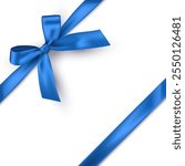 Blue ribbon with bow on white background. Blue gift wrapping decoration element. Present box decoration. Realistic 3d vector illustration.