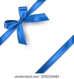 Blue ribbon with bow on white background. Blue gift wrapping decoration element. Present box decoration. Realistic 3d vector illustration.