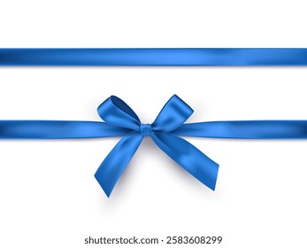 Blue ribbon with bow on white background. Blue gift wrapping decoration element. Present box decoration. Realistic 3d vector illustration.