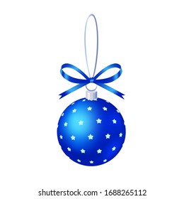 Blue ribbon bow blue pattern Christmas decoration ball, holiday pendant, hand drawn 3D vector illustration, birthday decorations.