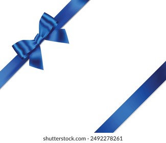 Blue Ribbon Bow Realistic shiny satin with shadow place on corner of paper for decorate your wedding invitation card ,father's day card , certificate or gift boxes vector EPS10 isolated on white