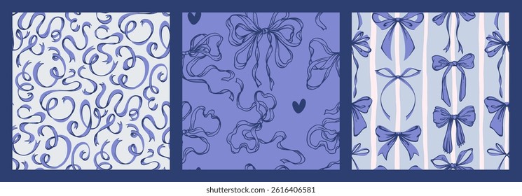 Blue Ribbon Bow Seamless Pattern Set. Hand-Drawn Rococo Soft and Feminine Backgrounds. Romantic, Coquette Design. Perfect for Fabric, Stationery, Wrapping, and Digital Projects.