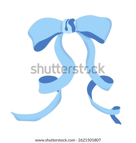 Blue ribbon bow vector illustration. Cute curved blue bowknot isolated on white background. Trendy fashion style decor. Elegant retro hair accessory, party design, modern flat style with texture