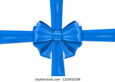 Blue ribbon bow wrapping. Vector 3d illustration isolated on white background