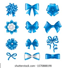 Blue ribbon bows set. Silk satin gift bows realistic. Gift tie-bow for Christmas, birthday, holidays vector illustration